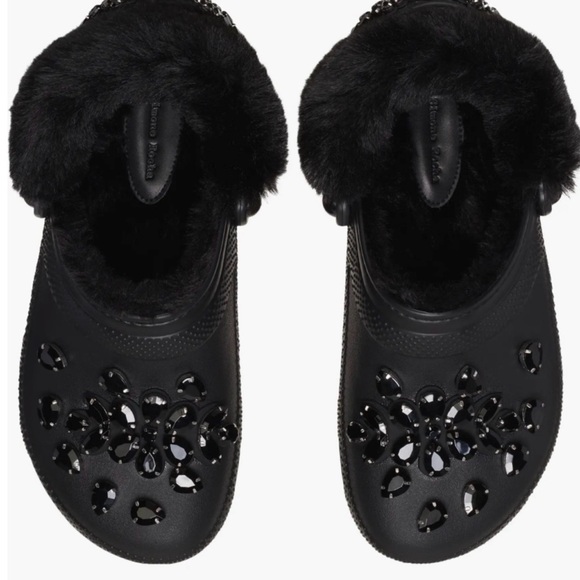 Black Fuzzy Lined Clogs with Embellishments